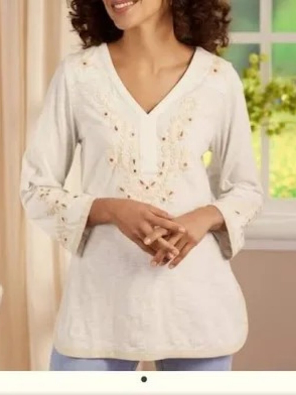 Soft Surroundings Embroidered Boho V-Neck Sea Pines Tunic Top - Cream